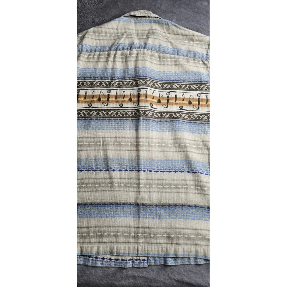 Woolrich Shirt Mens XL Beige Blue Fish Hooks Hawaiian Button Up Fish Stripes